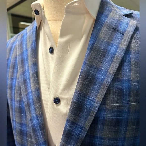 Blue Plaid Men's Blazer Wool & Linen